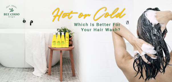 Lady shampooing her hair with Bee Choo Origin Shampoo displayed