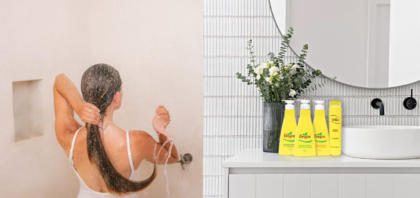 lady with her shampoos display on vanity