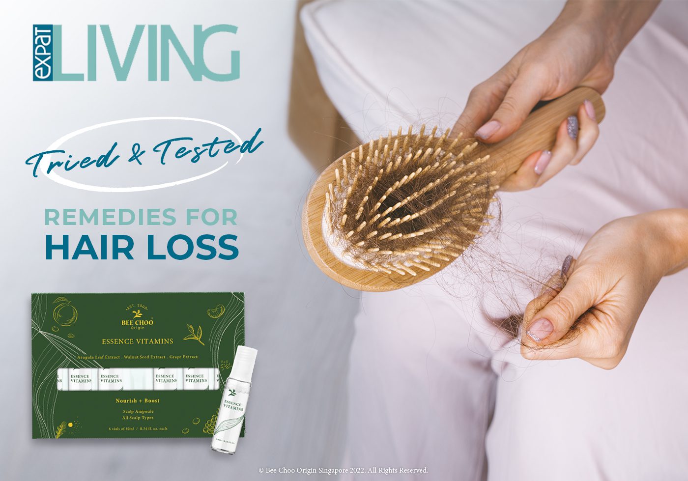 Hands holding a hairbrush full of hair next to Bee choo essence vitamins.