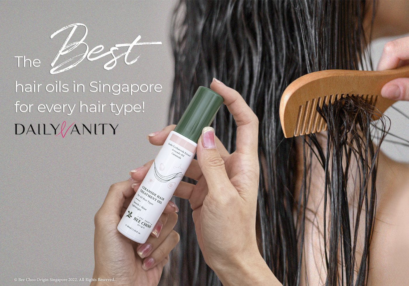 Lady combing hair with Bee Choo Origin Ceramide Hair Treatment Oil for all hair types.