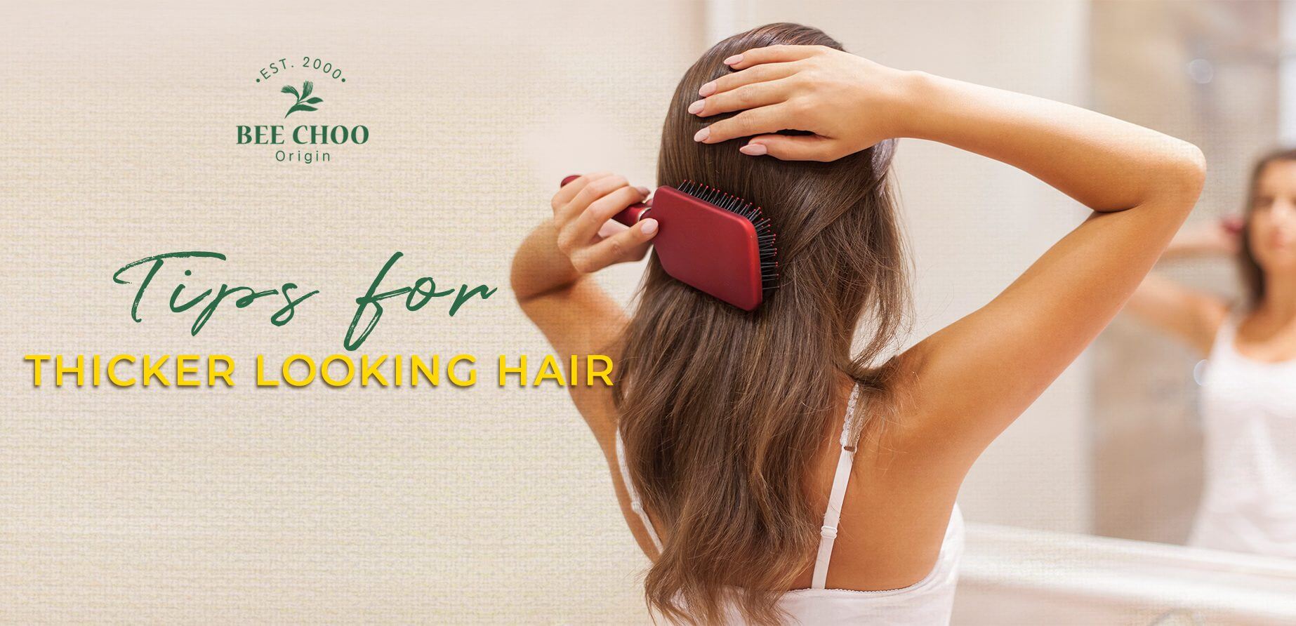 Lady brushing her hair with Tips for thicker looking hair text next to it.