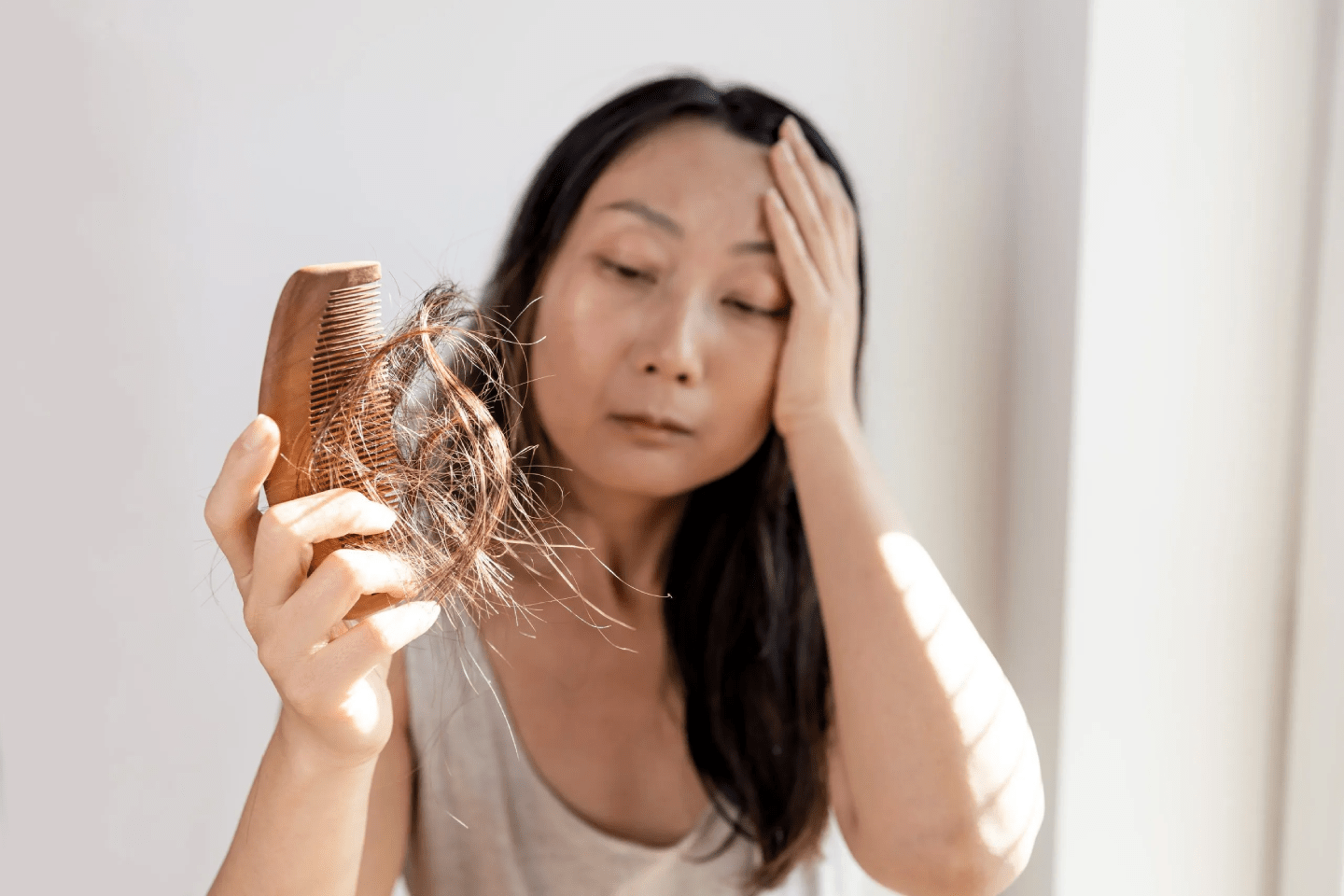 Woman examining a comb full of shed hair, a sign of pregnancy hair loss